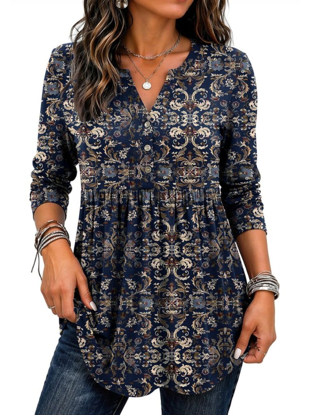 Women Blouses Long Sleeve Top Boho Henley Vneck Pleated Fall Tunic